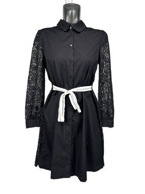 CLAUDIE PIERLOT 'Rosso' Cotton Lace Collared Black White Shirt Dress Size 40